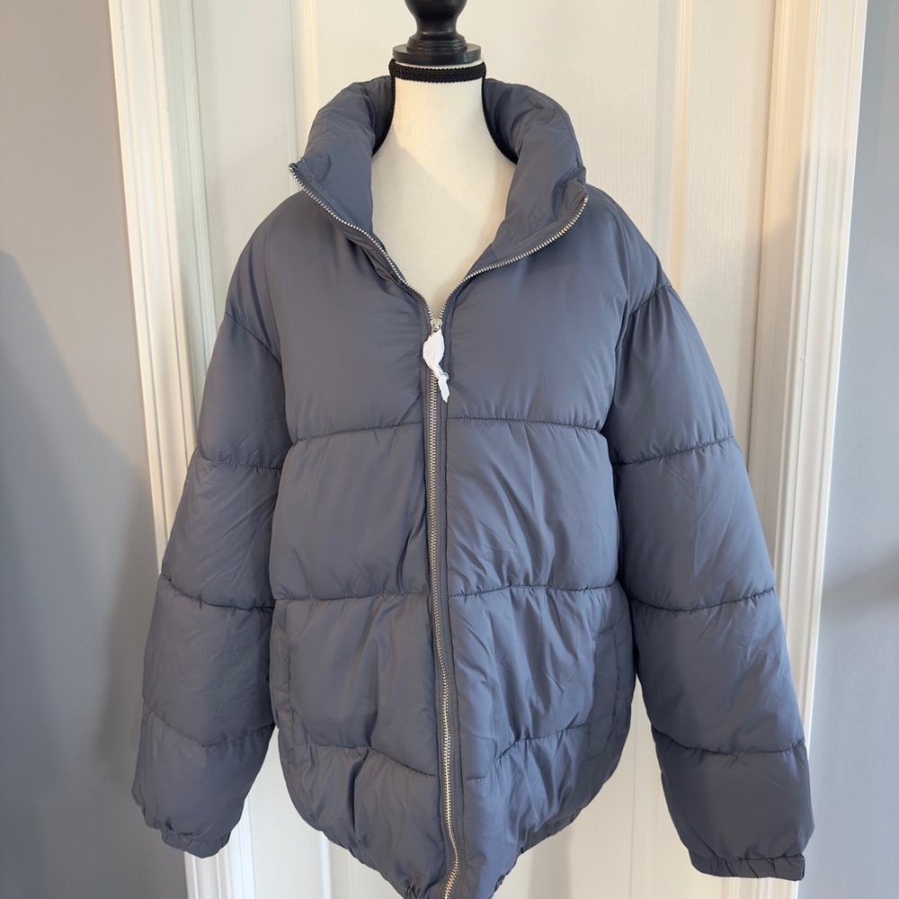 Pretty Little Thing Down-Like Coat Jacket – Slate Grey Soft Touch Nylon – Size X